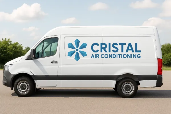 A white van with the company logo on it from Cristal Air Conditioning